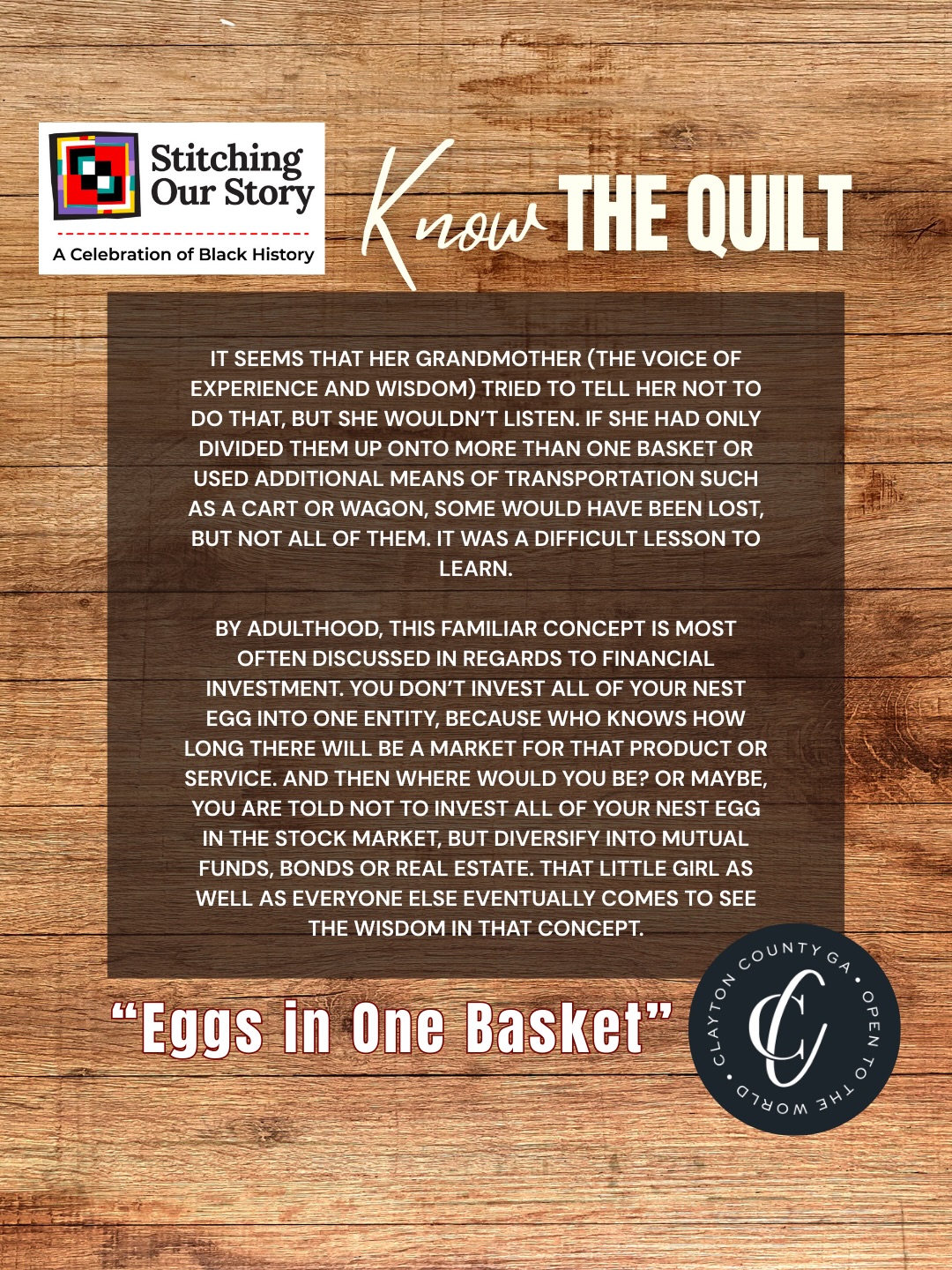 Meet Carolyn W. White, an award-winning art quilter whose work reflects a lifelong pursuit of knowledge, history, and creative expression. With more than 59 years of sewing experience and quilting since 2006, Carolyn’s journey began after joining the Brown Sugar Stitchers Quilt Guild in Atlanta—where her artistic voice flourished.
Her quilts have been exhibited across metro Atlanta and throughout Georgia, earning multiple prizes and ribbons. Her powerful piece Awestruck Before an Unforgettable Nubian Queen – From Gee’s Bend to Royalty (2021) won Best of Show at the Atlanta Quilt Festival and now lives in the permanent collection of the High Museum. Another standout work, Three Great Leaders in the Struggle for Freedom, also earned Best of Show in 2023.
At Stitching Our Story, Carolyn shares multiple thought-provoking quilts, including:
🧵 Eggs in One Basket
🧵 Equality – Heed the Message
🧵 Dwennimmen – Ram’s Horns
🧵 Silver Linings
Each piece invites reflection on culture, resilience, leadership, and Black history—stitched together through decades of lived experience, artistic mastery, and storytelling.
📍 See Carolyn White’s quilts and many more in person at Stitching Our Story: A Celebration of Black History.
125 N. Main Street, Jonesboro, GA
Open every Thursday – Saturday
10 AM to 4 PM until February 28.
#StitchingOurStory #SeeClaytonCountyGA #ClaytonCountyGA #quiltshow #BlackHistory